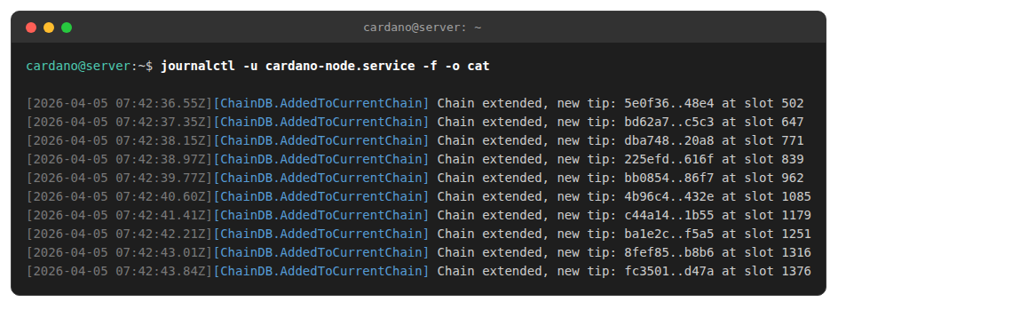 journalctl showing cardano-node syncing